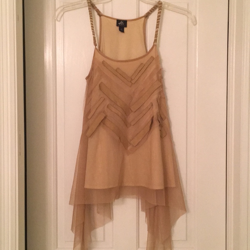Braided Strap Round Neck Tank Cami Top Neutral Sheer & Lined Flowy Hem